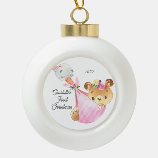Bear Special Delivery Baby's First Christmas Keramik Kugel-Ornament (Vorderseite)