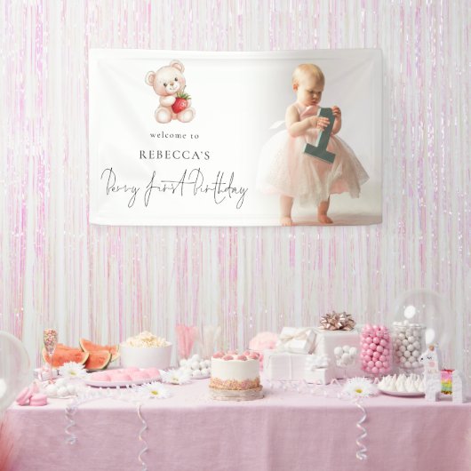 Bear Strawberry Foto Willkommen Berry First Birthd Banner (Party)