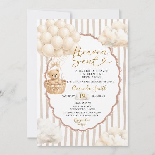 Bear Stripe Beige Balloon Heaven Sent Baby Shower  Einladung (Vorderseite)