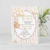 Bear Stripe Beige Balloon Heaven Sent Baby Shower  Einladung (Stehend Vorderseite)