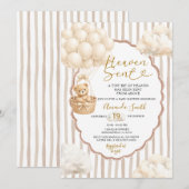 Bear Stripe Beige Balloon Heaven Sent Baby Shower  Einladung (Vorne/Hinten)