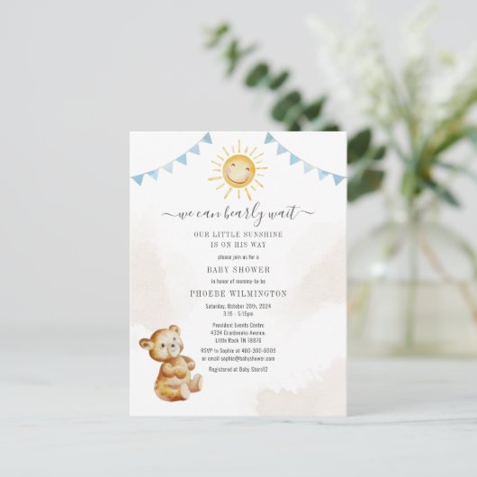 Bear Sunshine Watercolor Boy Baby Dusche Einladungspostkarte (Stehend Vorderseite)