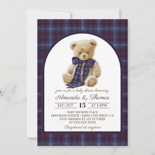 Bear Tartan Gender Neutral Baby Shower Einladung (Vorderseite)