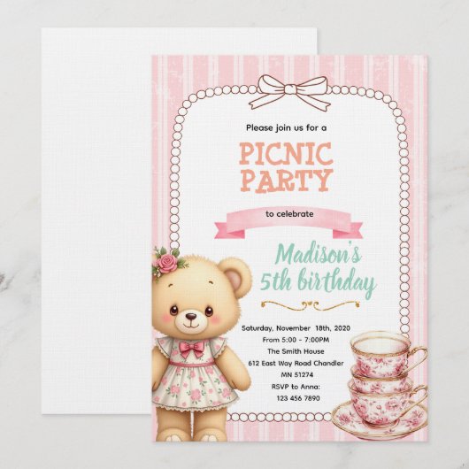 Bear tea party invitation einladung (Vorne/Hinten)