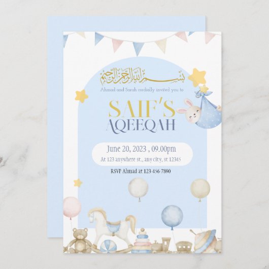 Bear Teddy Baby Blue Boy Aqeeqah Aqeeqa Einladung (Vorne/Hinten)