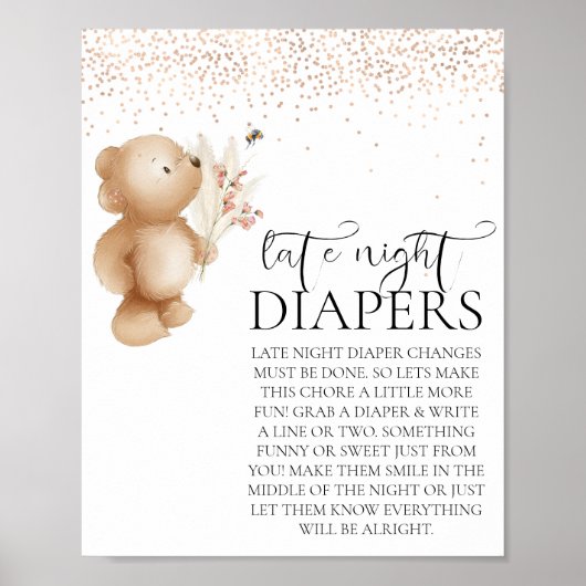 Bear & The Bee Baby Dusche Spate Night Diaper Poster (Vorne)
