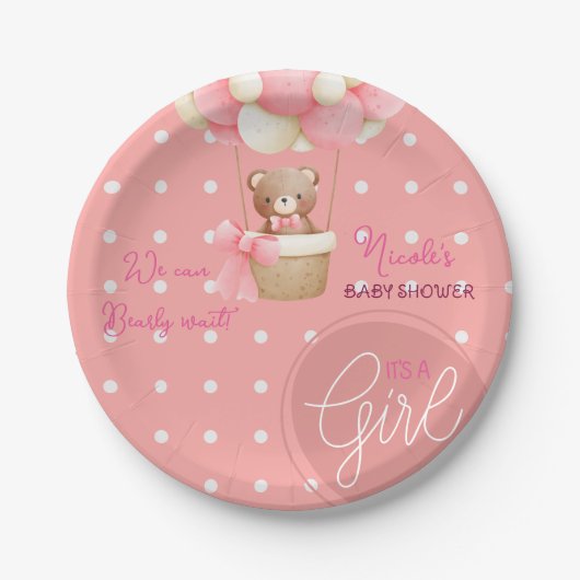 Bear Theme Pink Peach Heißluftballon Babydusche Pappteller (Vorderseite)