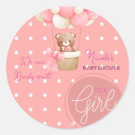 Bear Theme Pink Peach Heißluftballon Babydusche Runder Aufkleber (Vorderseite)