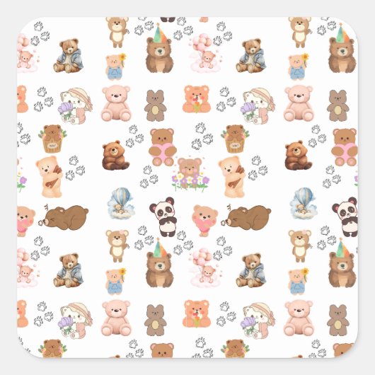 Bear-Themed Pattern Square Sticker | Fu (Vorderseite)