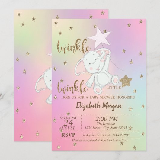 Bear, Twinkle Little Star Holographic Baby Showroo Einladung (Vorne/Hinten)