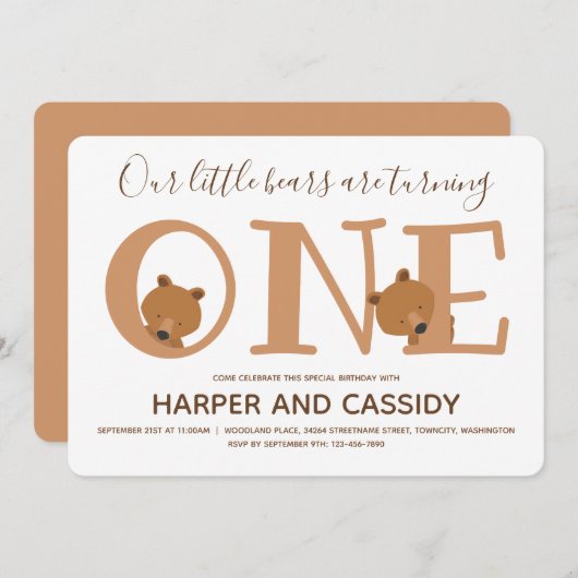 Bear Twins One Süße Tier Erster Geburtstag Einladung (Vorne/Hinten)