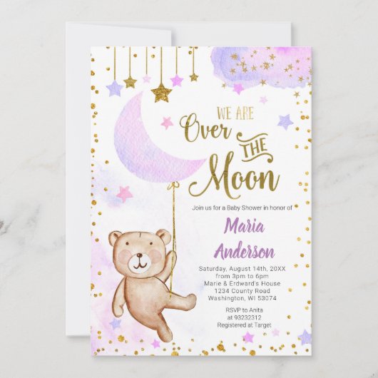 Bear über dem Mond Lilac Babydusche Einladung (Vorderseite)