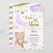 Bear über dem Mond Lilac Babydusche Einladung (Vorne/Hinten)