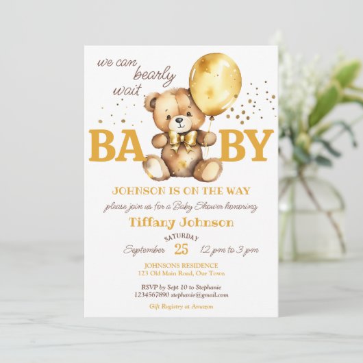 Bear warte teddy Bär goldbraune Babydusche Einladung (Stehend Vorderseite)