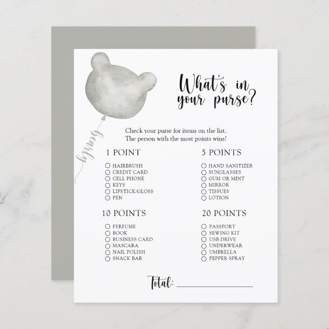 Bear Whats in deinem Handtaschen-Baby-Duschspiel (Vorne/Hinten)