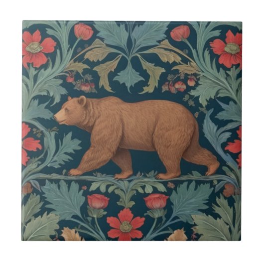 Bear William Morris Stil Links Facing Red Floral Fliese (Vorderseite)