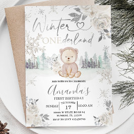 Bear Winter Onederland Snowflake Floral Geburtstag Einladung