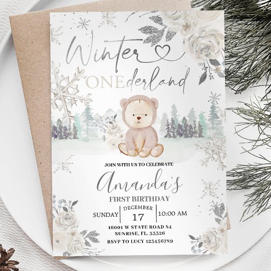Bear Winter Onederland Snowflake Floral Geburtstag Einladung