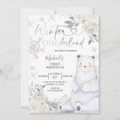 Bear Winter Onederland White Floral Geburtstag Einladung (Vorderseite)