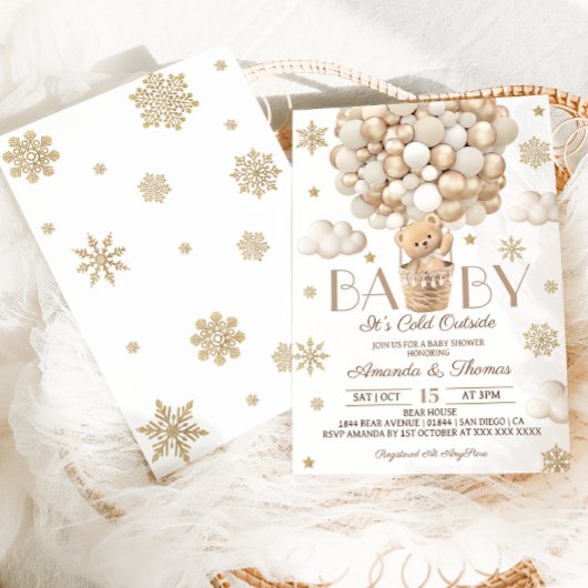 Bear Winter Snowflakes & Balloons Babydusche Einladung