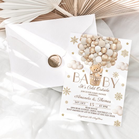 Bear Winter Snowflakes & Balloons Babydusche Einladung