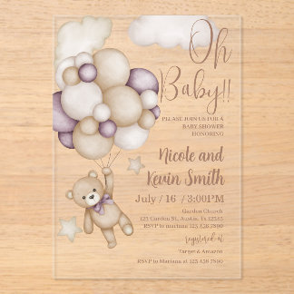 bear with balloons baby shower acryleinladungen
