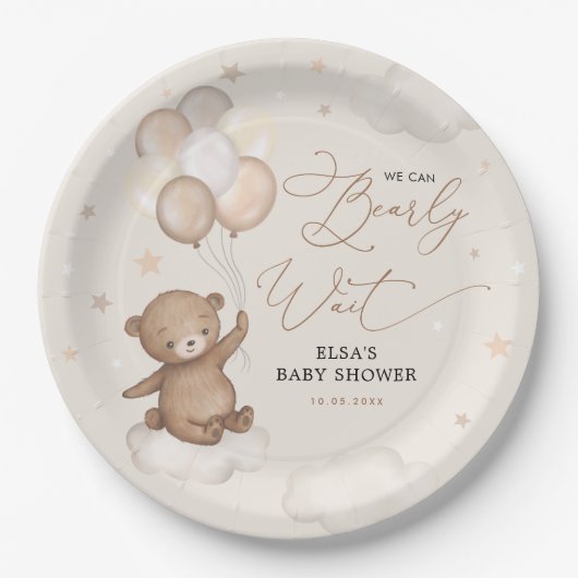 Bear with Balloons Clouds Stars Sky Baby Dusche Pappteller (Vorderseite)