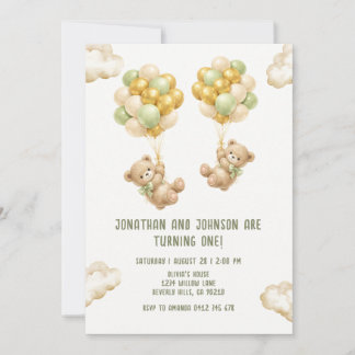Bear With Balloons Twins First Birthday Invitation Einladung