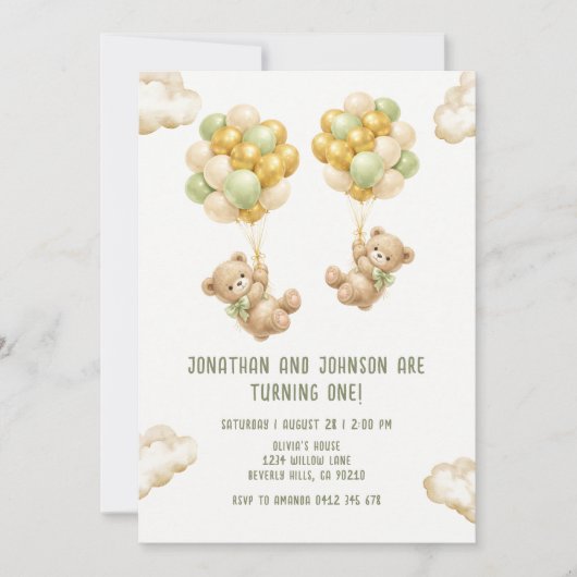 Bear With Balloons Twins First Birthday Invitation Einladung (Vorderseite)