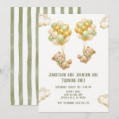 Bear With Balloons Twins First Birthday Invitation Einladung (Vorne/Hinten)