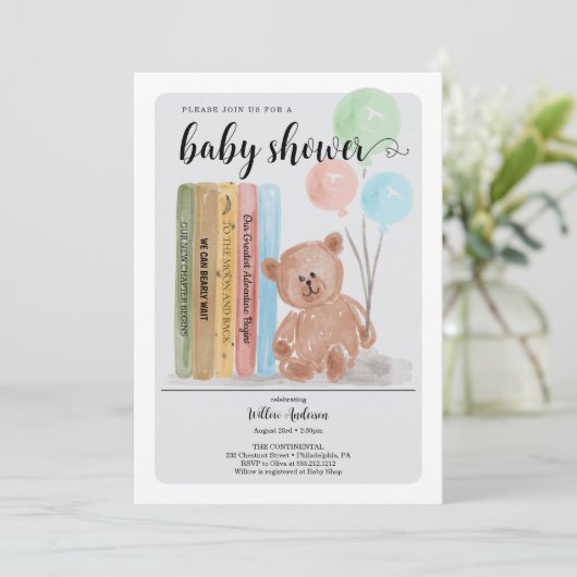 Bear with Books Bearly Wait Gender Reveal Einladung (Stehend Vorderseite)