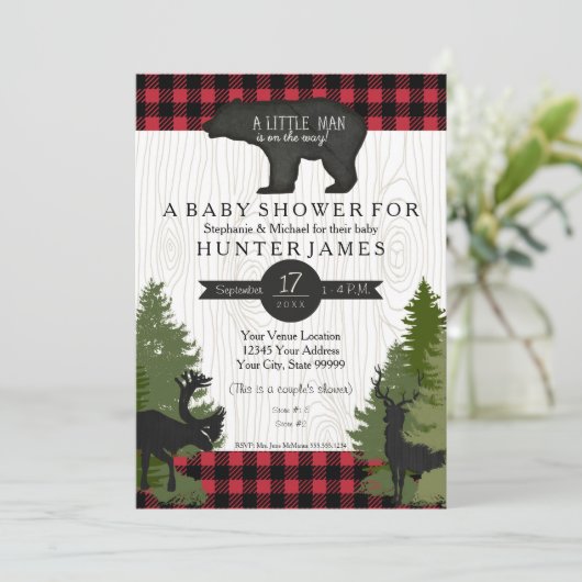 Bear Woodland Forest Buffalo Karo Baby Dusche 12x1 Einladung (Stehend Vorderseite)
