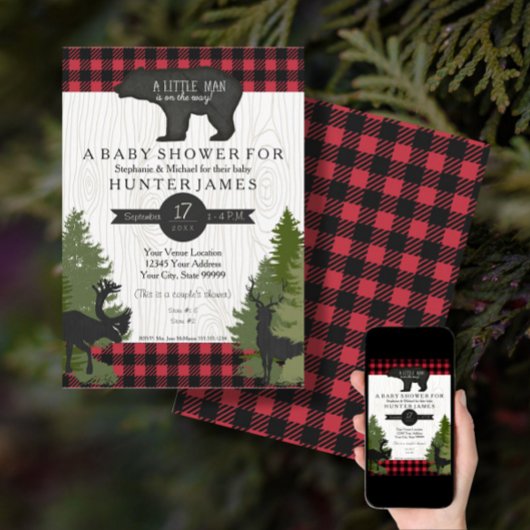 Bear Woodland Forest Buffalo Karo Baby Dusche 12x1 Einladung