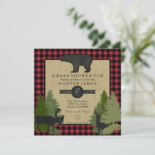 Bear Woodland Forest Lumberjack Kariert Babydusche Einladung (Stehend Vorderseite)
