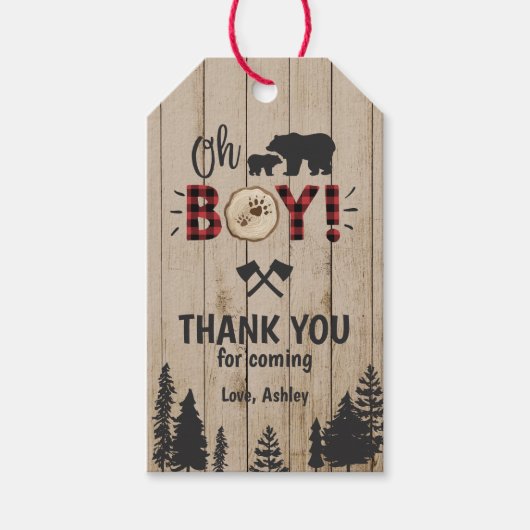 Bear Woodland Lumberjack Kariert Boy Baby Dusche Geschenkanhänger (Vorderseite)
