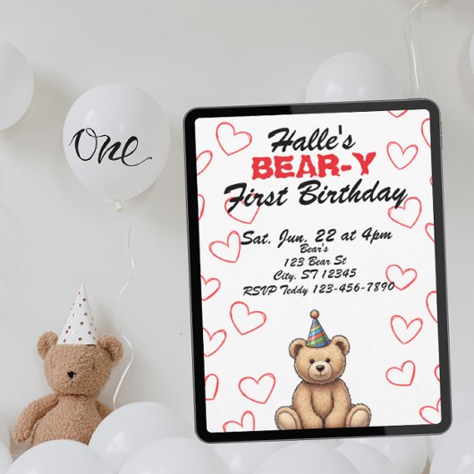 BEAR-Y First Birthday, cute teddy bear birthday Einladung
