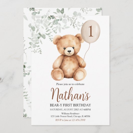 Bear y First Birthday Einladung (Vorne/Hinten)