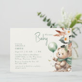 Bear y Happy Green Boho Baby Shower Einladung (Stehend Vorderseite)