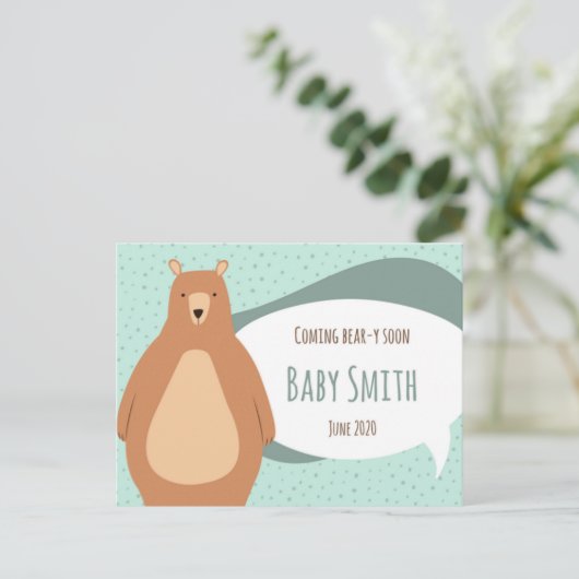 Bear-y Soon Baby Announcement Postcard Ankündigungspostkarte (Stehend Vorderseite)