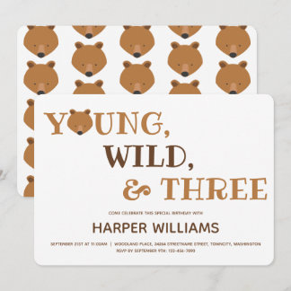 Bear Young Wild Three Kids 3. Geburtstag Einladung