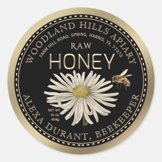 Bearbeitbar Honey Jar Bee Wildblume Label Black Go Runder Aufkleber (Vorderseite)