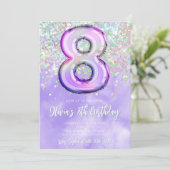 Bearbeitbar Lila 8. Geburtstag Einladung Glitzer 8 (Stehend Vorderseite)