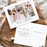 Bearbeitbar Save the Date 3 Foto Weißschrift Postkarte<br><div class="desc">Modernes und elegantes Foto Save the Date Hochzeitskarte. Die Save the Date einladende Einladungskarte beinhaltet weiße Typografie,  schick und schlichtes Design auf weißem Hintergrund,  mit dem Sie Ihre individuelle Verlobung Fotografie hinzufügen können.</div>