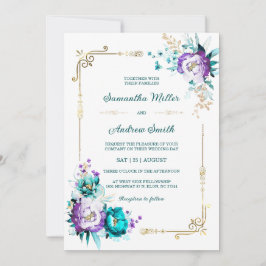 Bearbeitbare Aquamarine und Lila Goldhochzeit Einladung
