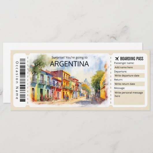 Bearbeitbare argentinische Flugzeug Ticket, Argent Einladung (Vorne/Hinten)