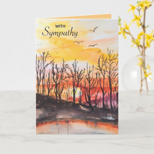 Bearbeitbare Bäume und Vögel im Sunset Beileid Karte (Gelbe Blume)