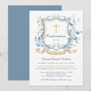 Bearbeitbare Bestätigung Blau und Gold Monogramm Einladung