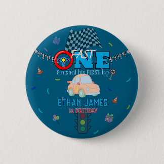 Bearbeitbare blaue Renn-Jungen-Einladung zum 1. Ge Button