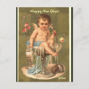 Bearbeitbare Champagner Cherub Frohes Neues Jahr Postkarte