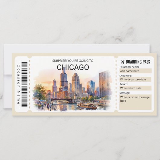 Bearbeitbare Chicago-Reise-Boarding-Pass-Ticket Einladung (Vorderseite)